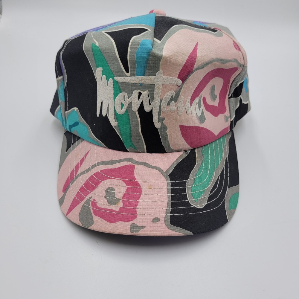 Vintage Falcon Headwear Montana Abstract Floral Snapback Hat Pink Teal 90s Retro